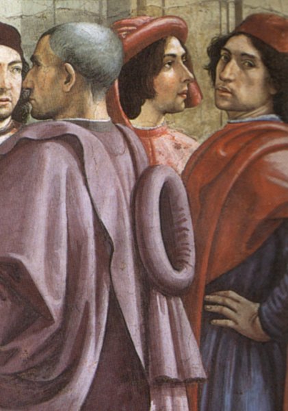 St Francis cycle, Resurrection of the Boy (detail 1, portrait of Ghirlandaio, 2nd from right)